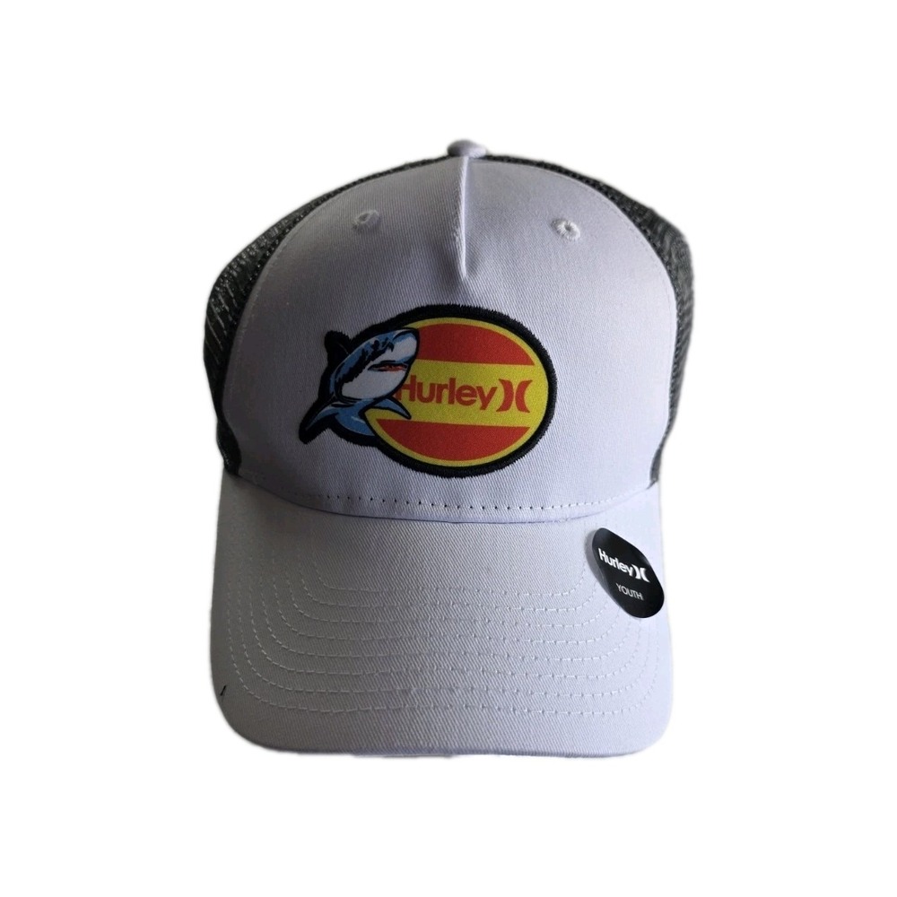 White Hurley Snapback Trucker Hat Youth Size Adjustable Cap Logo Fish